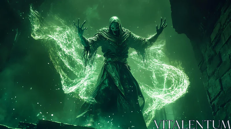 Hooded Figure with Spectral Green Aura AI Image