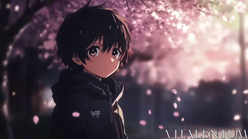 Anime Character in Blossom-filled Night AI Image