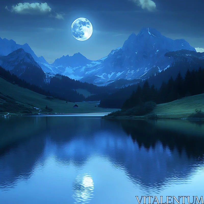 AI ART Tranquil Mountain Lake Under Moonlight