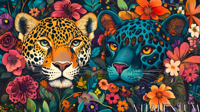 AI ART Floral Jaguars: A Study in Contrasts