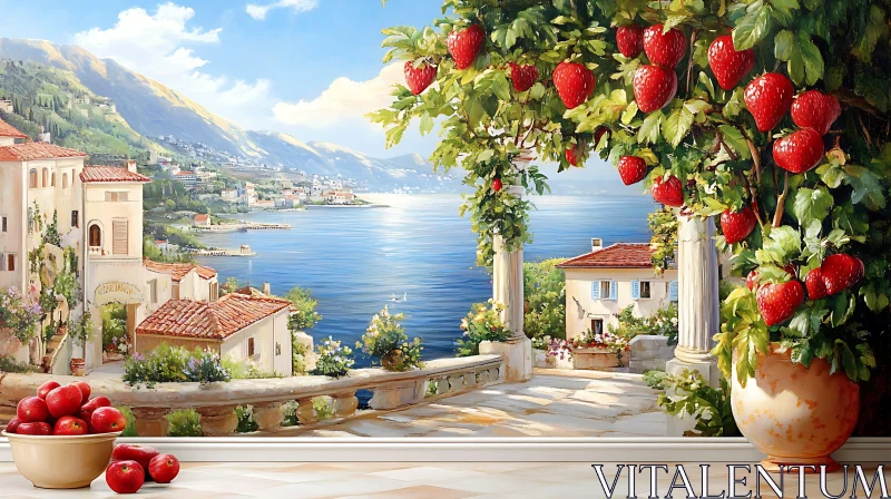 AI ART Seaside Terrace with Strawberry Vines