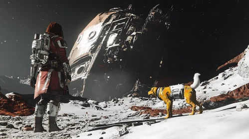 Space Explorer with Robot Dog Near Crashed Spaceship