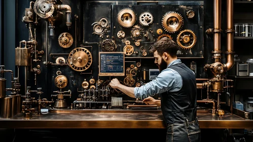 Man Operating a Steampunk Device