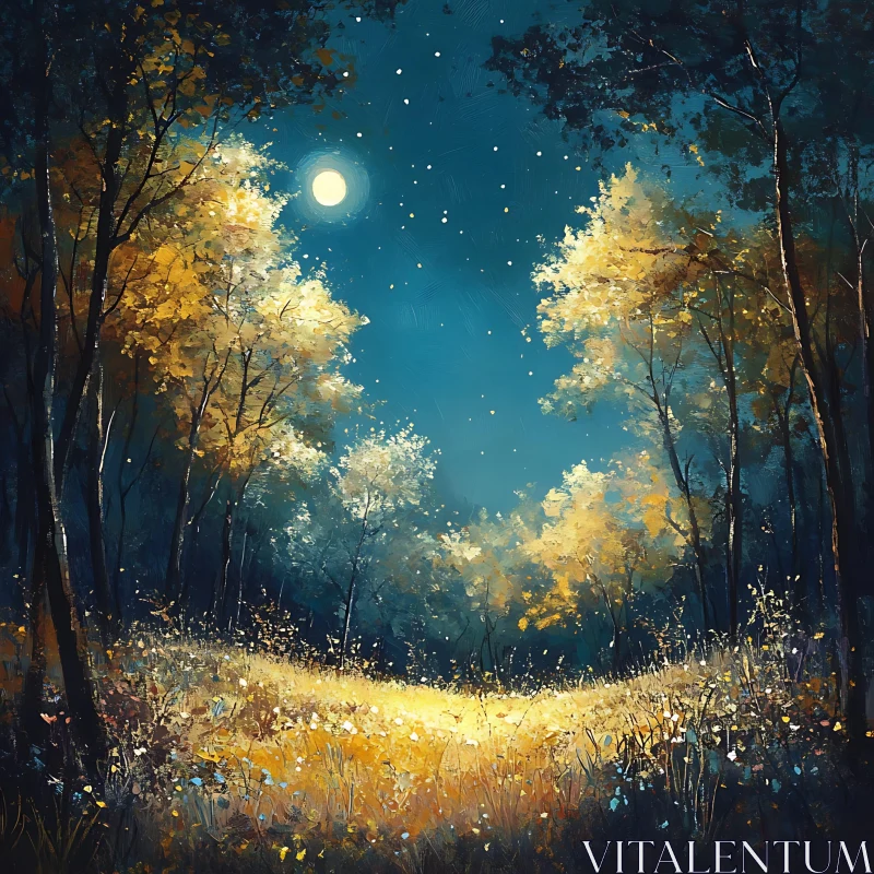 Moonlit Forest Scene with Golden Trees AI Image