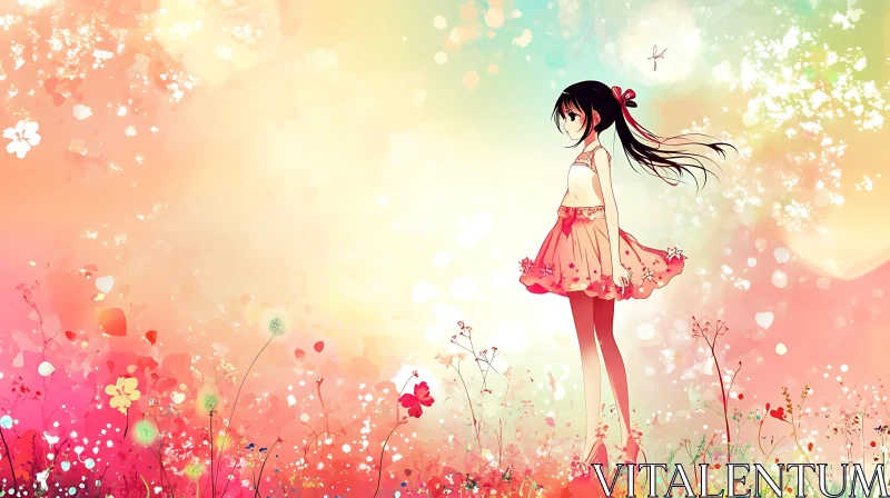 Springtime Anime Girl in Flower Field AI Image