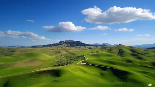 Rolling Green Hills and Cloudy Blue Sky