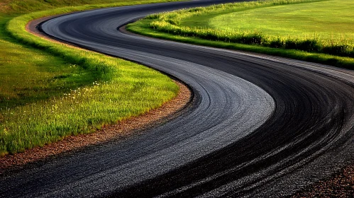 Curved Asphalt Road in Green Meadow