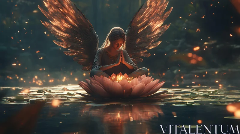 Winged Figure Meditating on a Lotus Flower AI Image