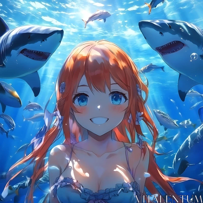 Underwater Anime Girl with Sharks AI Image