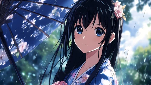 Anime Beauty in Rain with Blue Floral Umbrella