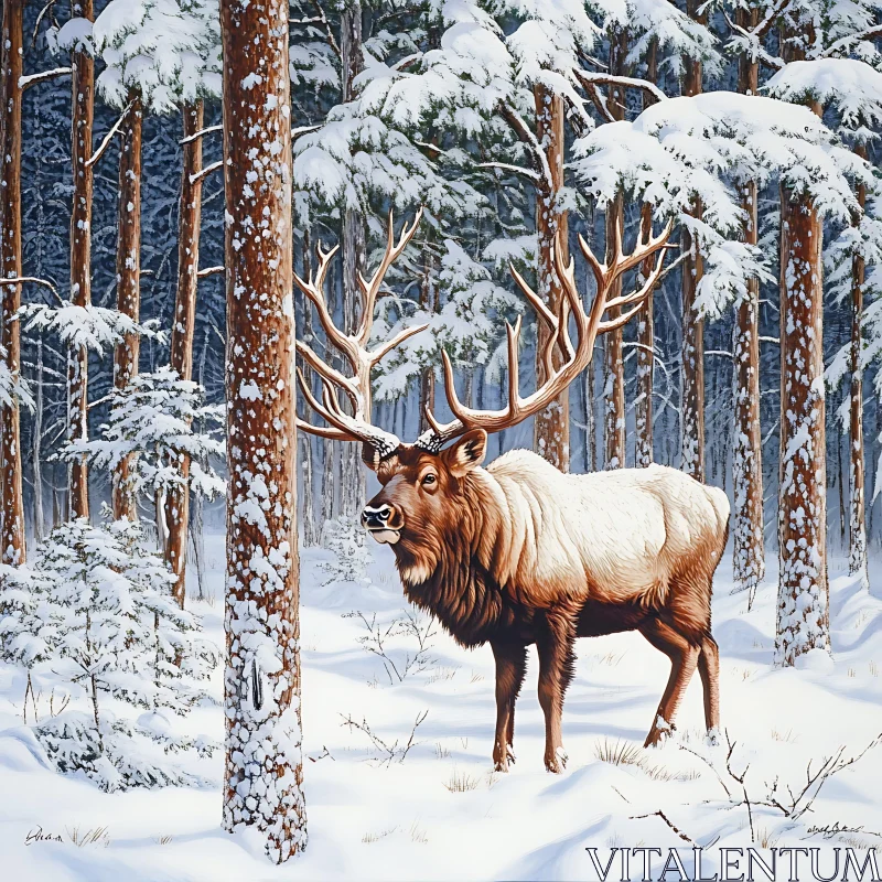 Snowy Forest Elk Portrait AI Image