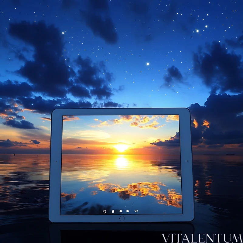 Sunset on the Sea Displayed on Tablet AI Image