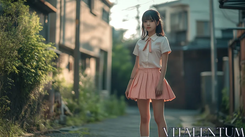 Portrait of a Young Woman on a Peaceful Street AI Image