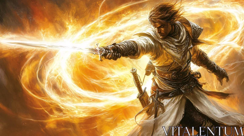 Hero with Sword in Fiery Light AI Image