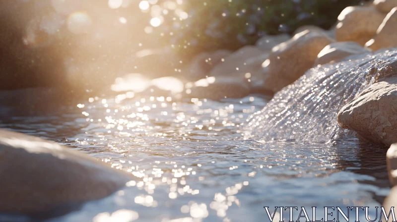 Glistening Waterfall with Sunlight on Rocks AI Image