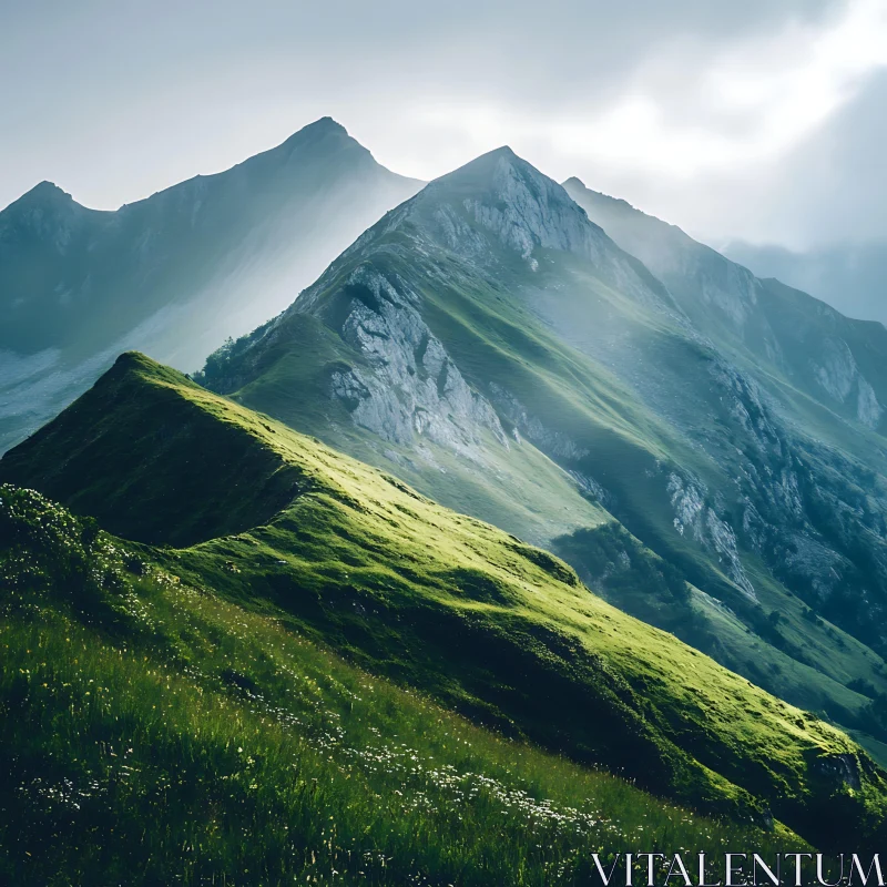 AI ART Majestic Mountain Vista with Green Slopes