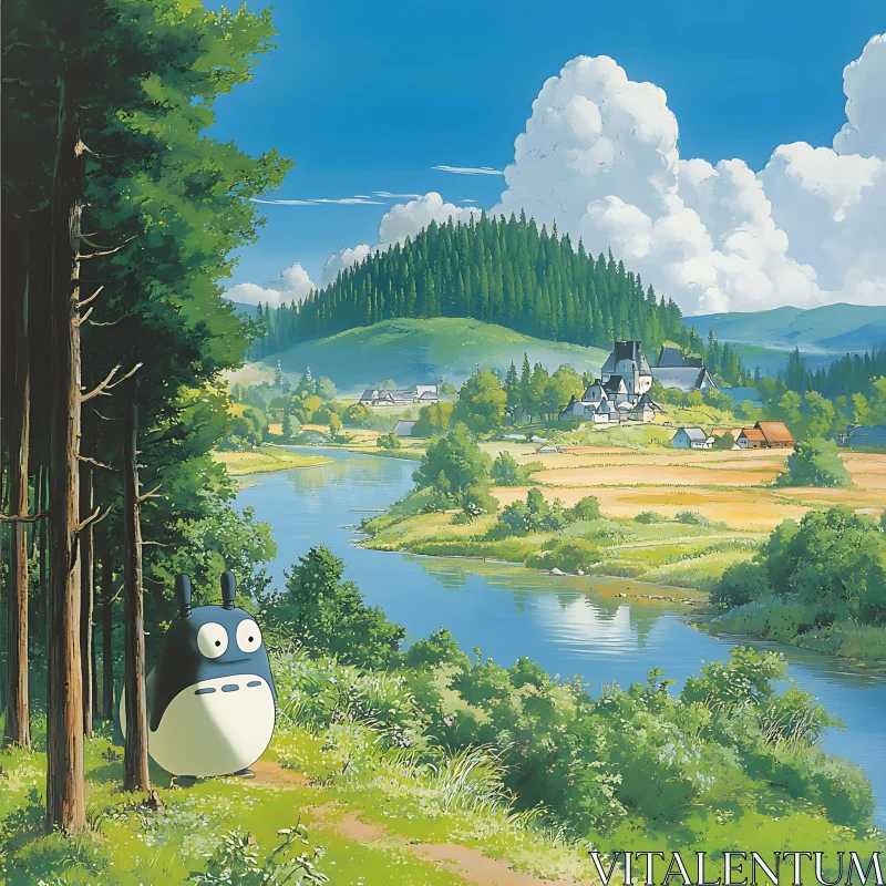 Whimsical Creature in Lush Countryside Landscape AI Image