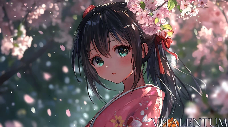 Sakura Blossoms and Anime Girl in Kimono AI Image