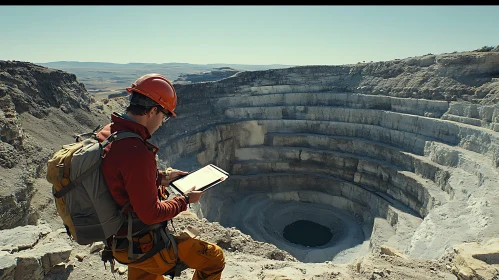 Man Inspecting Quarry With Tablet