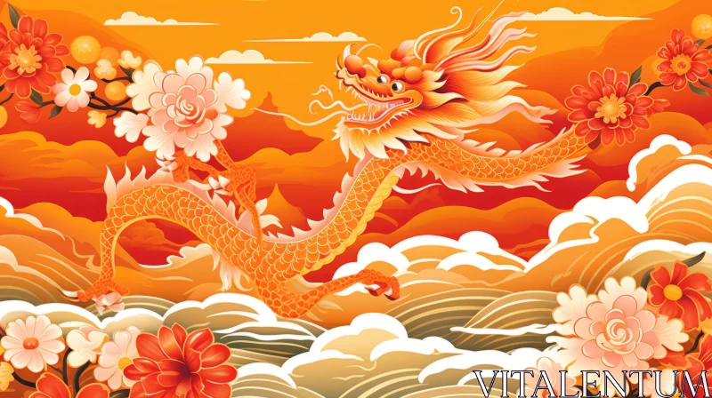 Chinese Dragon Amidst Orange Flowers in Golden Sky AI Image