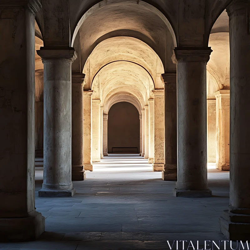 Historic Arched Hallway with Sunlight AI Image