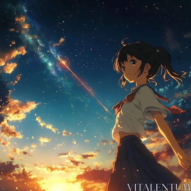 Starry Night Anime Scene with Meteor and Girl AI Image