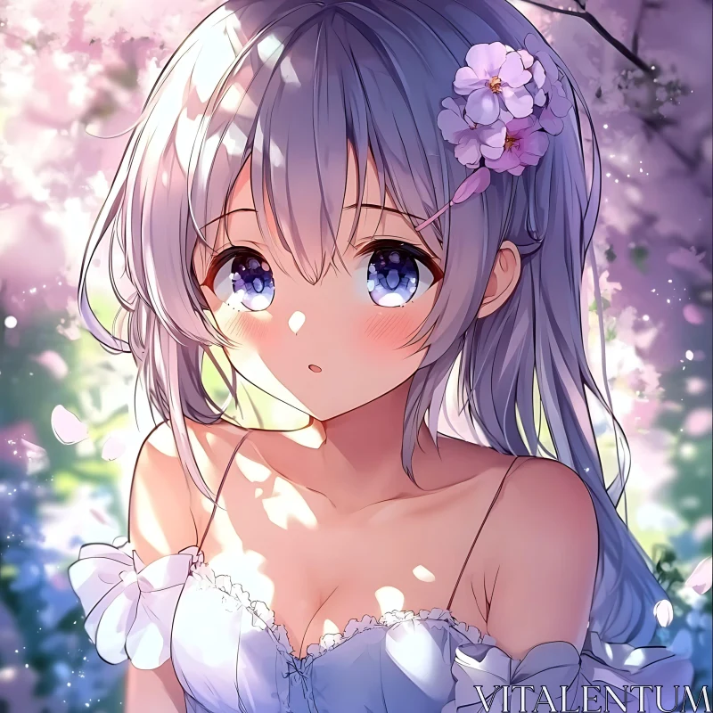 Anime Girl with Cherry Blossom Flowers AI Image