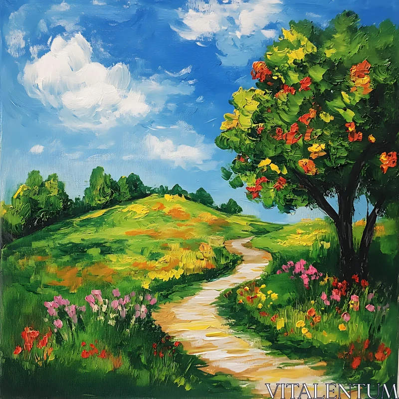 AI ART Colorful Meadow Path Oil Painting