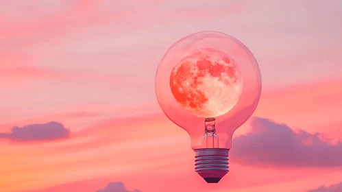 Dreamlike Light Bulb Enclosing Moon with Vivid Sky