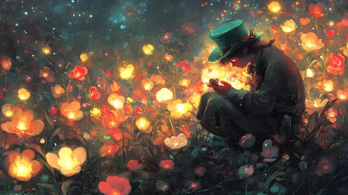 Man in Hat Surrounded by Glowing Flowers