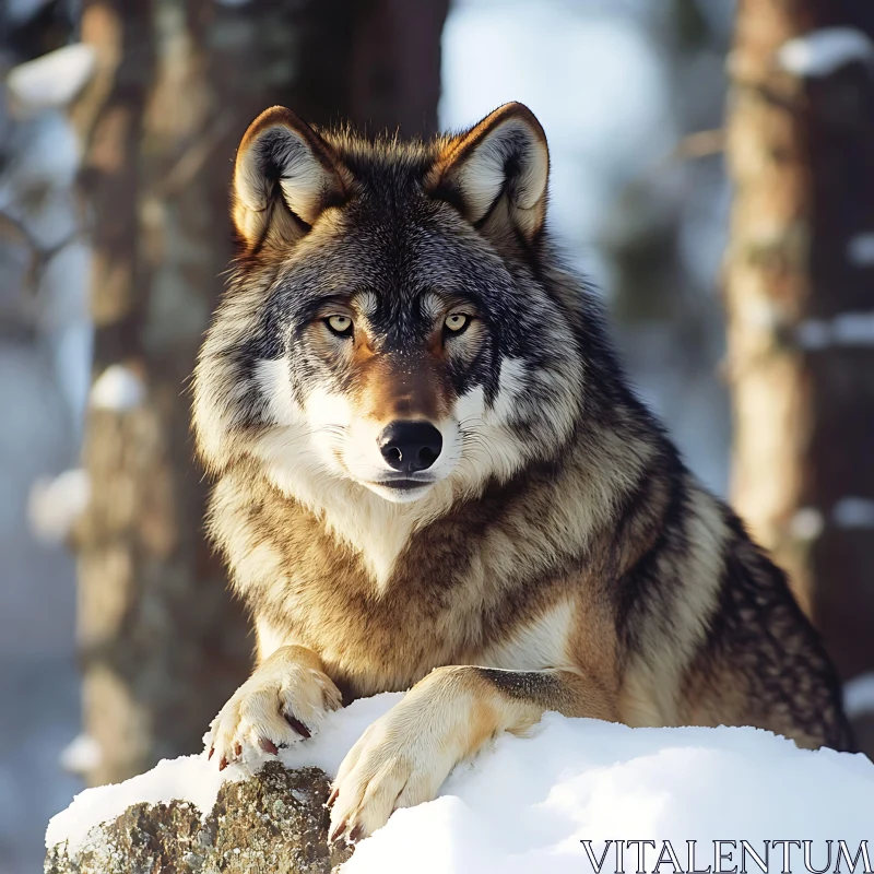 Wolf Resting on Snowy Rock AI Image