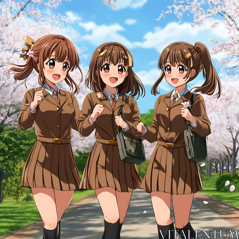 Joyful Schoolgirls Strolling Among Cherry Blossoms AI Image