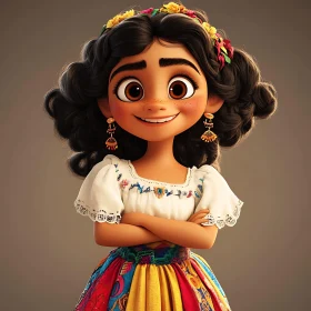 Animated Girl in Colorful Dress Smiling