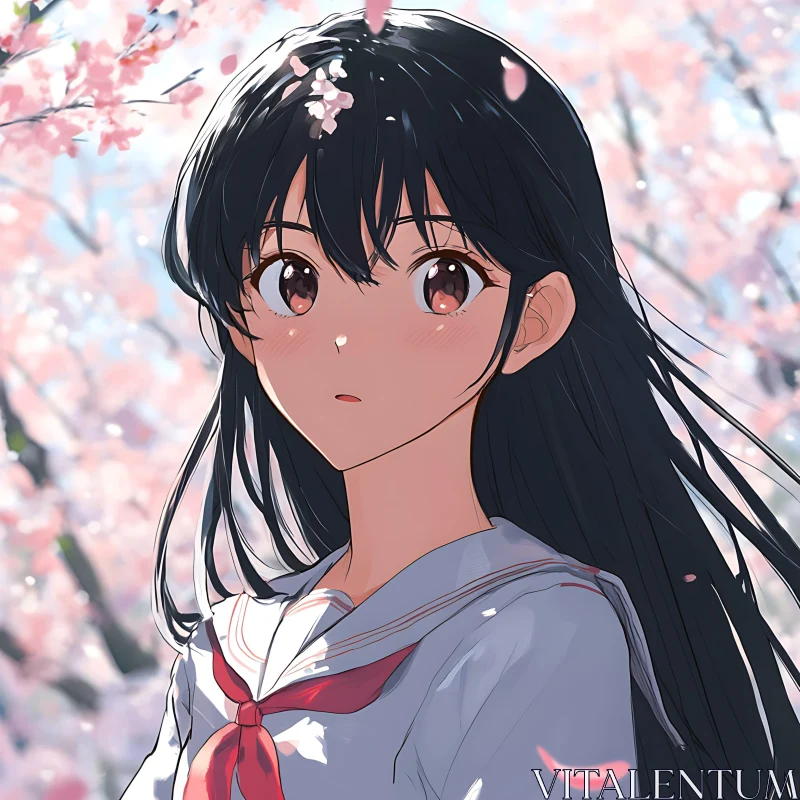 Reflective Anime Girl Under Cherry Blossoms AI Image