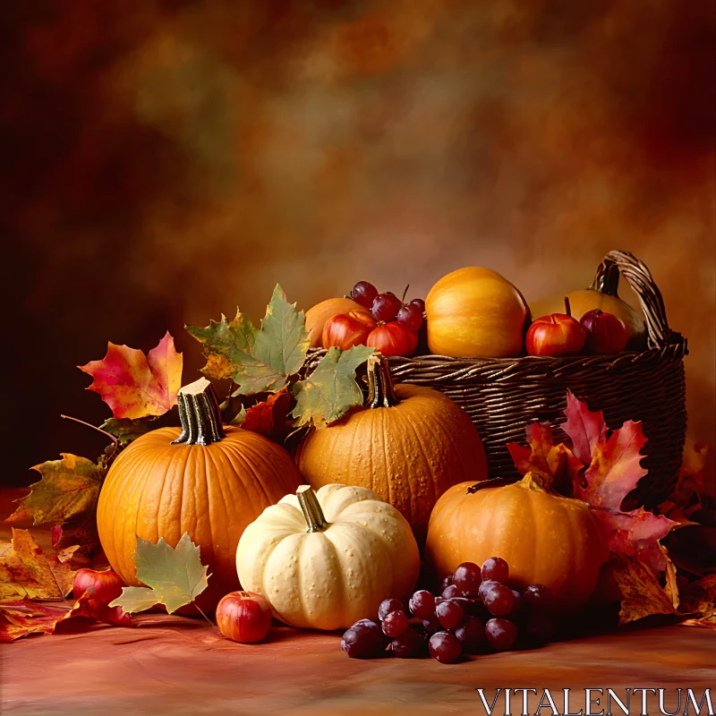 Still Life with Pumpkins, Grapes, and Autumn Leaves AI Image