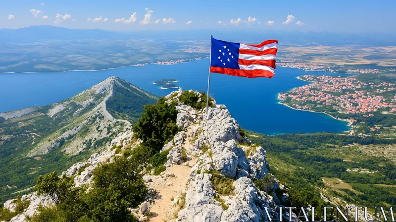 AI ART American Flag on Mountain Peak Overlooking Sea