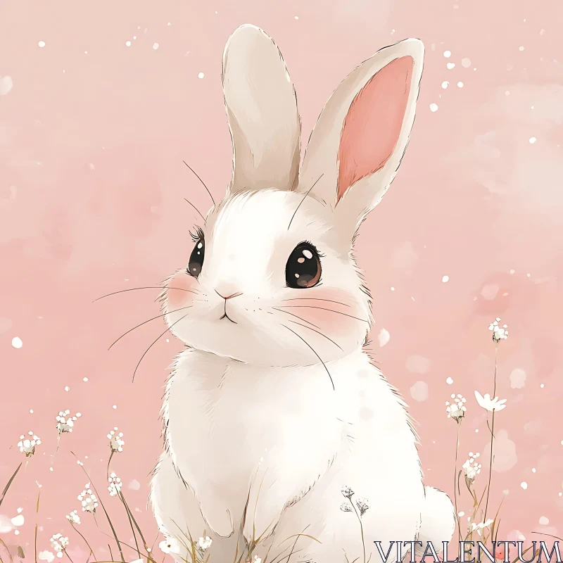 Cute White Rabbit in Pink Meadow AI Image