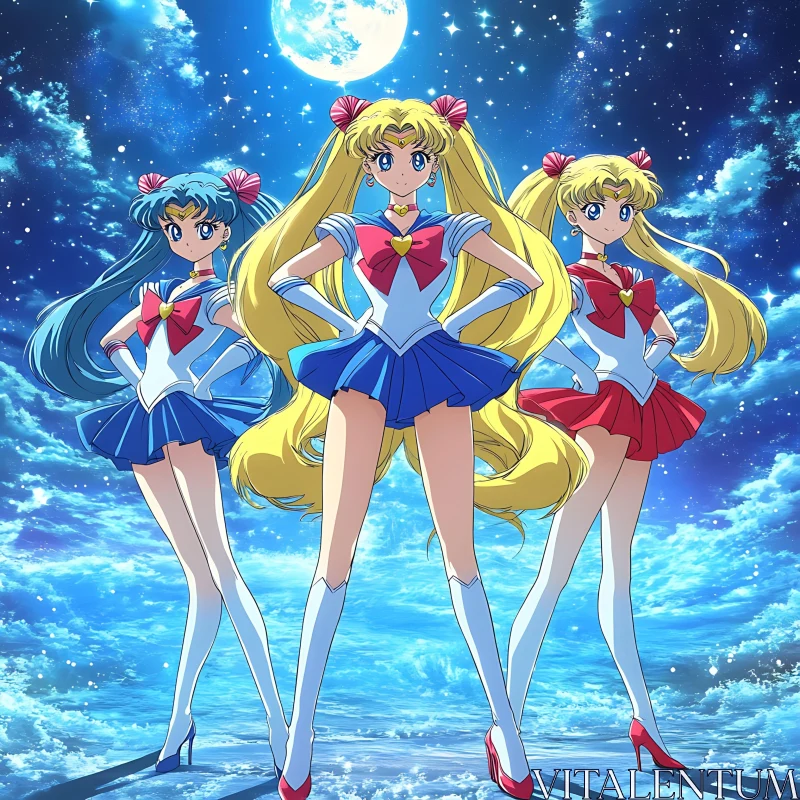 Moonlit Anime Scene with Three Sailor Characters AI Image