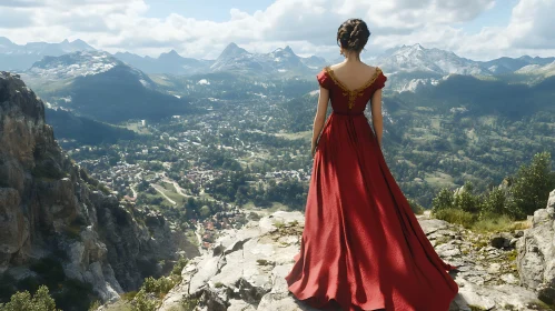 Scenic Mountain View with Woman in Red