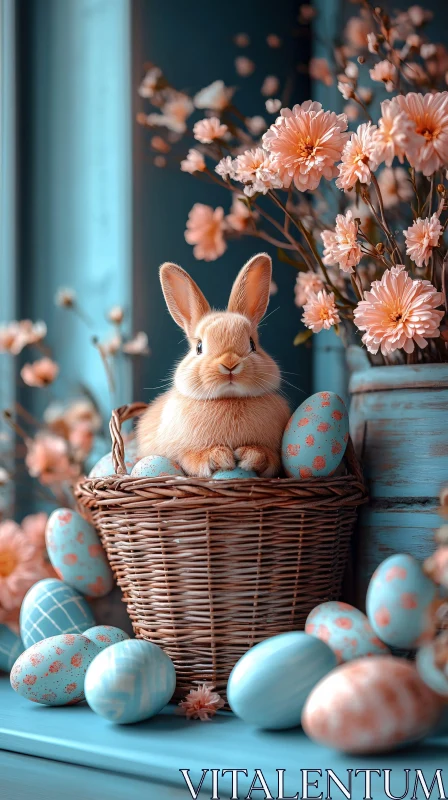 Pastel Easter Scene with Bunny and Eggs AI Image