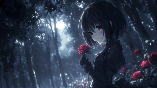 Mysterious Forest Scene with Anime Girl and Rose