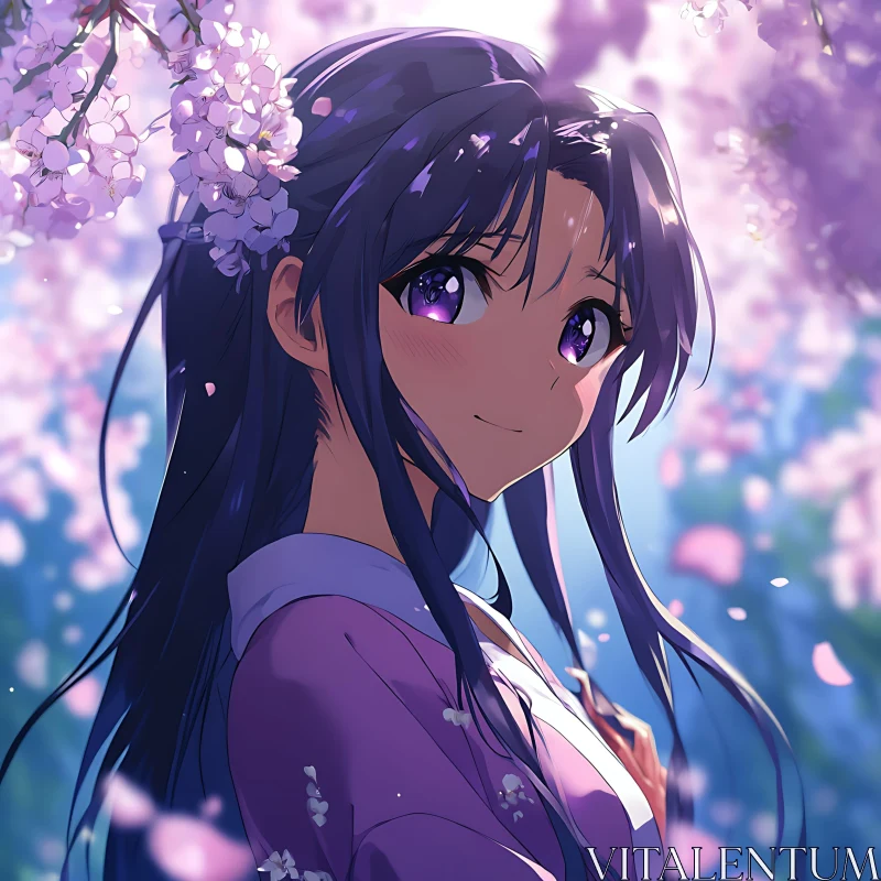 Anime Girl with Purple Hair in Cherry Blossom Field AI Image