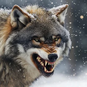 Snarling Wolf in Winter Wonderland