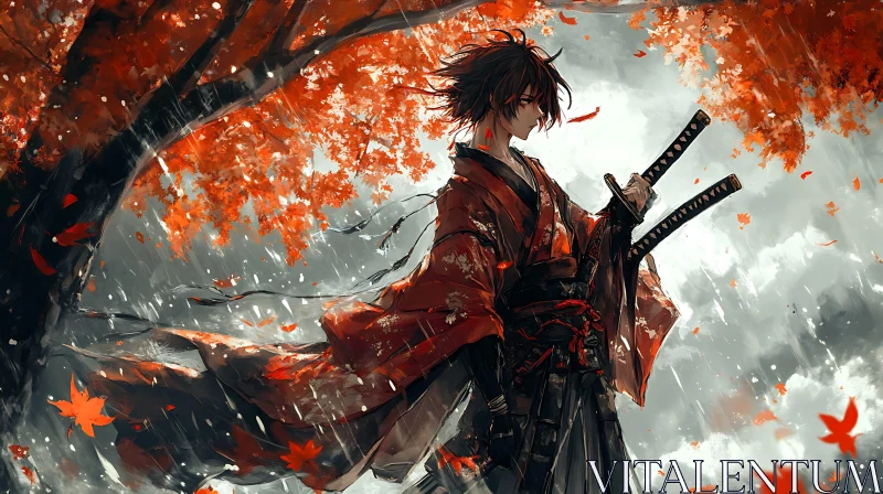 Samurai in Autumn AI Image