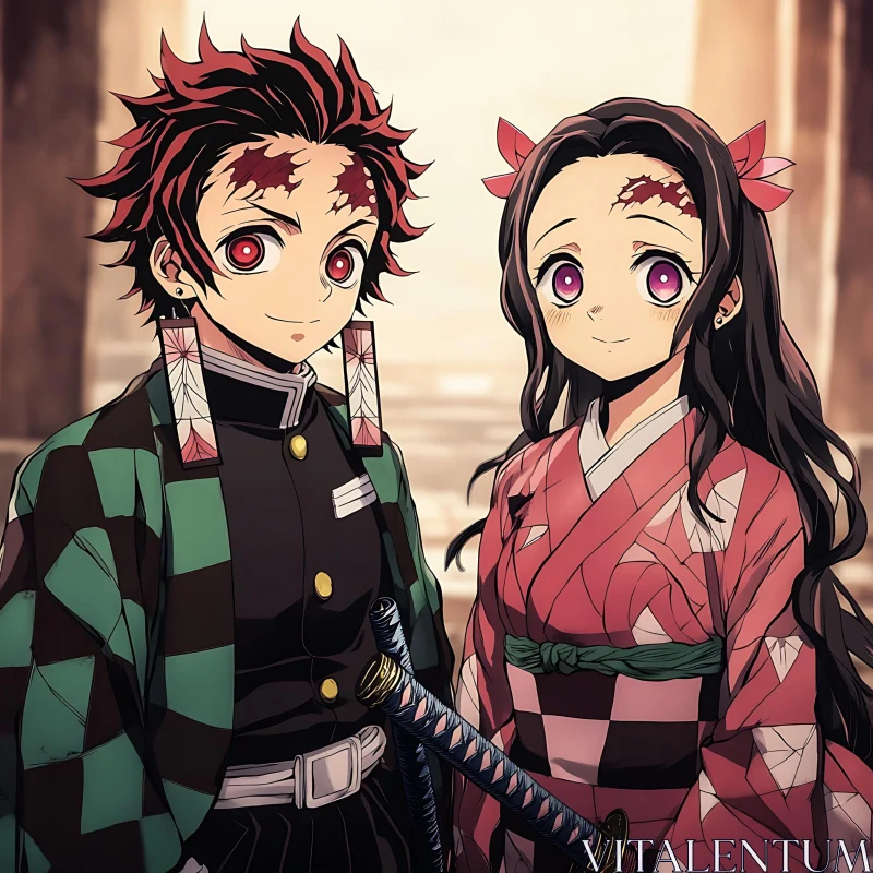 Sibling Anime Characters with Unique Markings AI Image