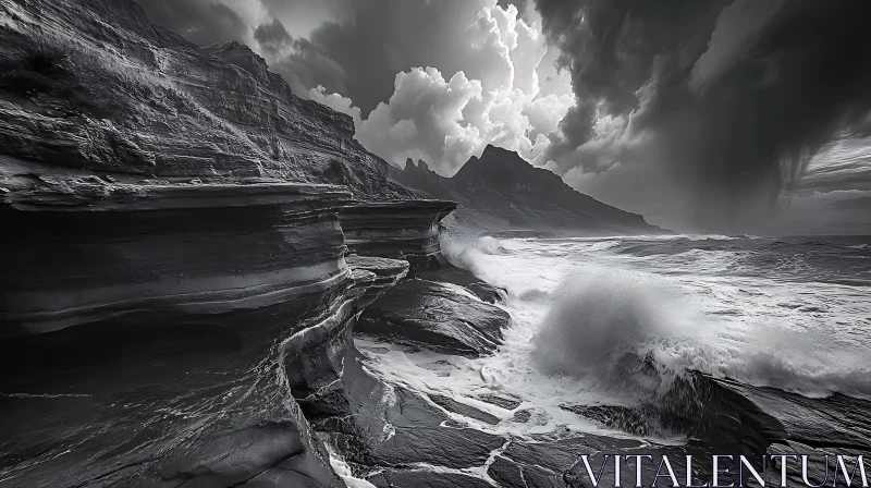 AI ART Monochrome Ocean View with Stormy Sky