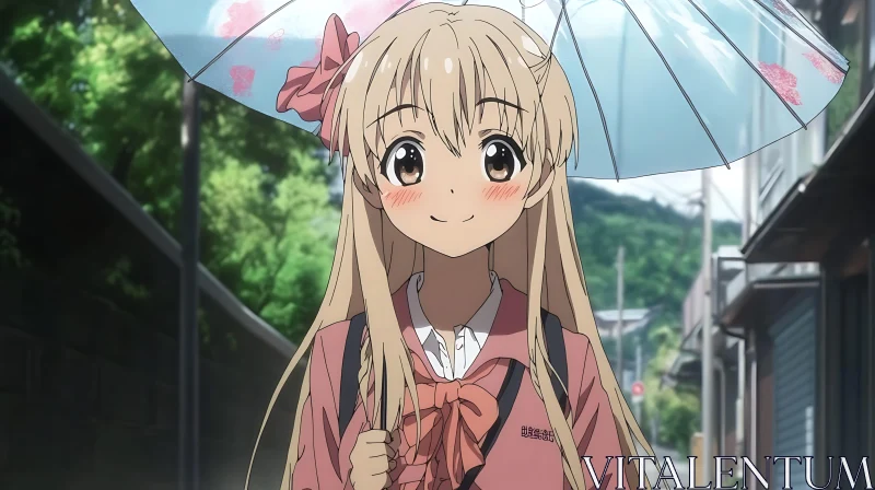 Anime Girl Under Transparent Umbrella AI Image