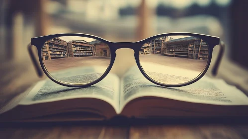 Glasses Reflecting Library on Book Image