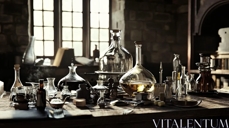 Old Alchemist's Table with Glassware AI Image