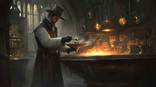 Alchemist Stirring Potion Over Fire